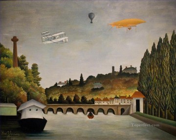  Cloud Pintura al %C3%B3leo - Vista del puente de Sevres y las colinas de Clamart Saint Cloud y Bellevue con globo biplano y dirigible de la ciudad de Henri Rousseau